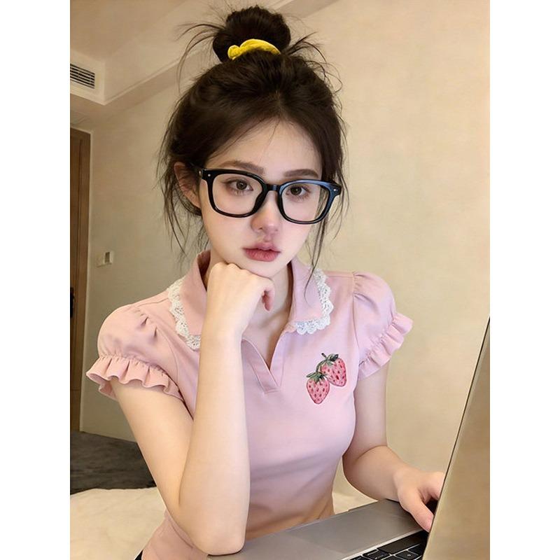 American retro polo collar strawberry embroidered short-sleeved T-shirt for women, new lace lace splicing pink top