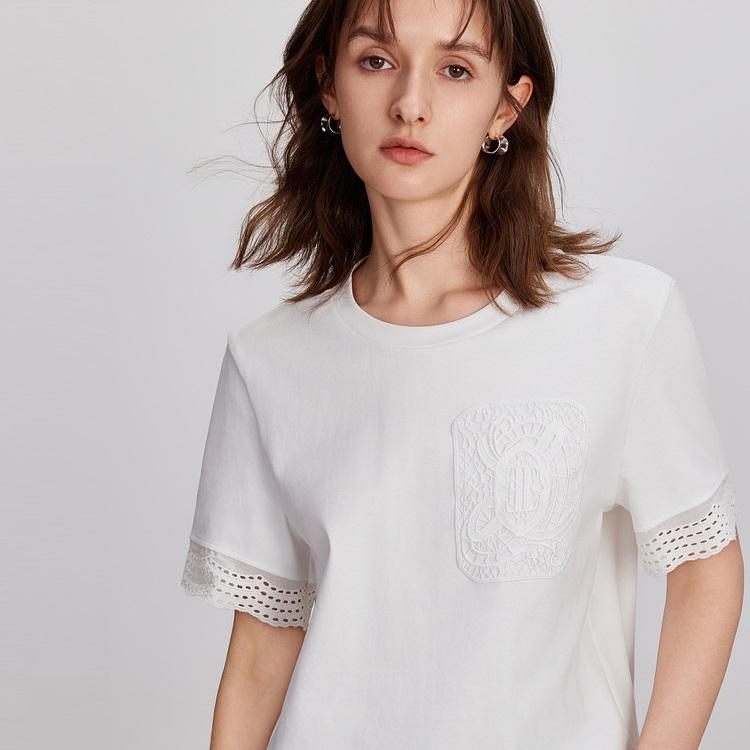 ELLE Loose-Fit Niche Top French High-End Feel Regular Shoulder Round Neck Short Sleeve T-Shirt Women tops White ET47510