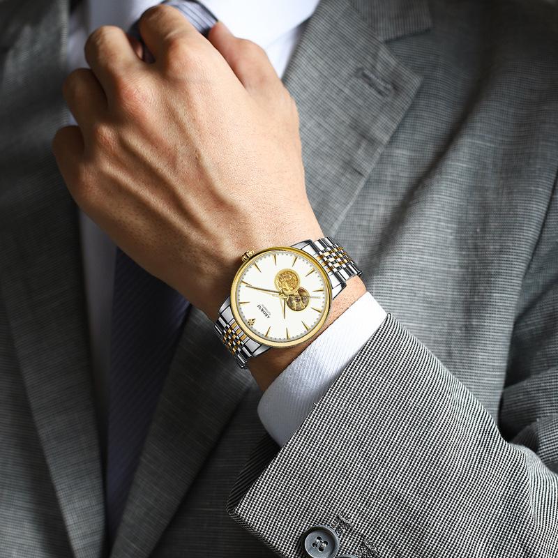 ABORNI Automatic Mechanical Watch Skeleton Gold Dragon Waterproof Luminous Diamonds Men's Watch