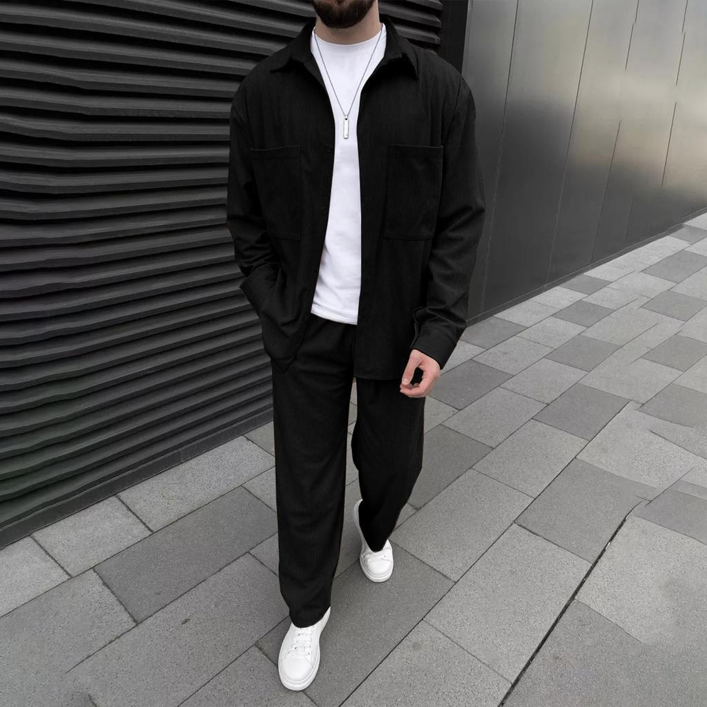 Men's Solid Color Button Double Pocket Long Sleeve Jacket Casual Trousers Two Piece Suit