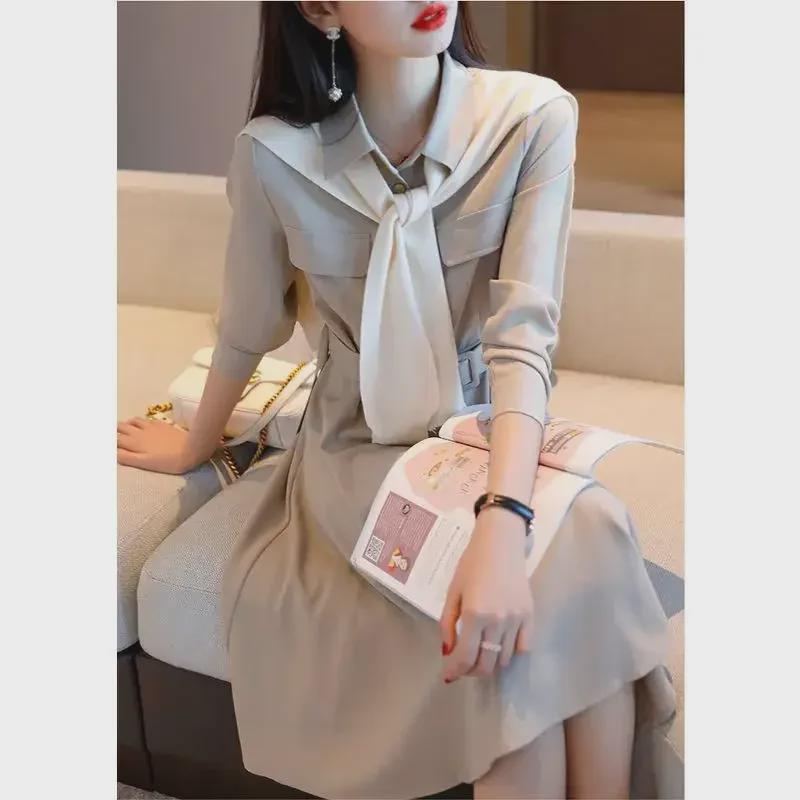 Plus Size Women's French Style Long Sleeve Slim Waist Polo Dress, 2024 Spring/Autumn Collection