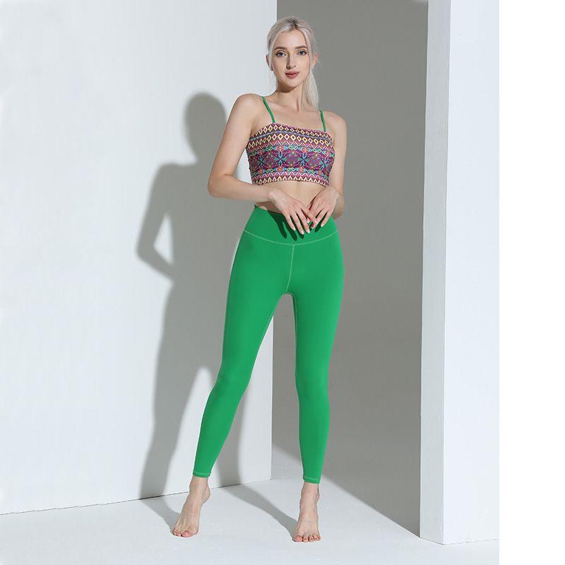 Elegant Retro Print Tops Bamboo Green Yoga Pants Nude Feel Yoga Clothes Two-piece Set Women's Training Fitness Suit
