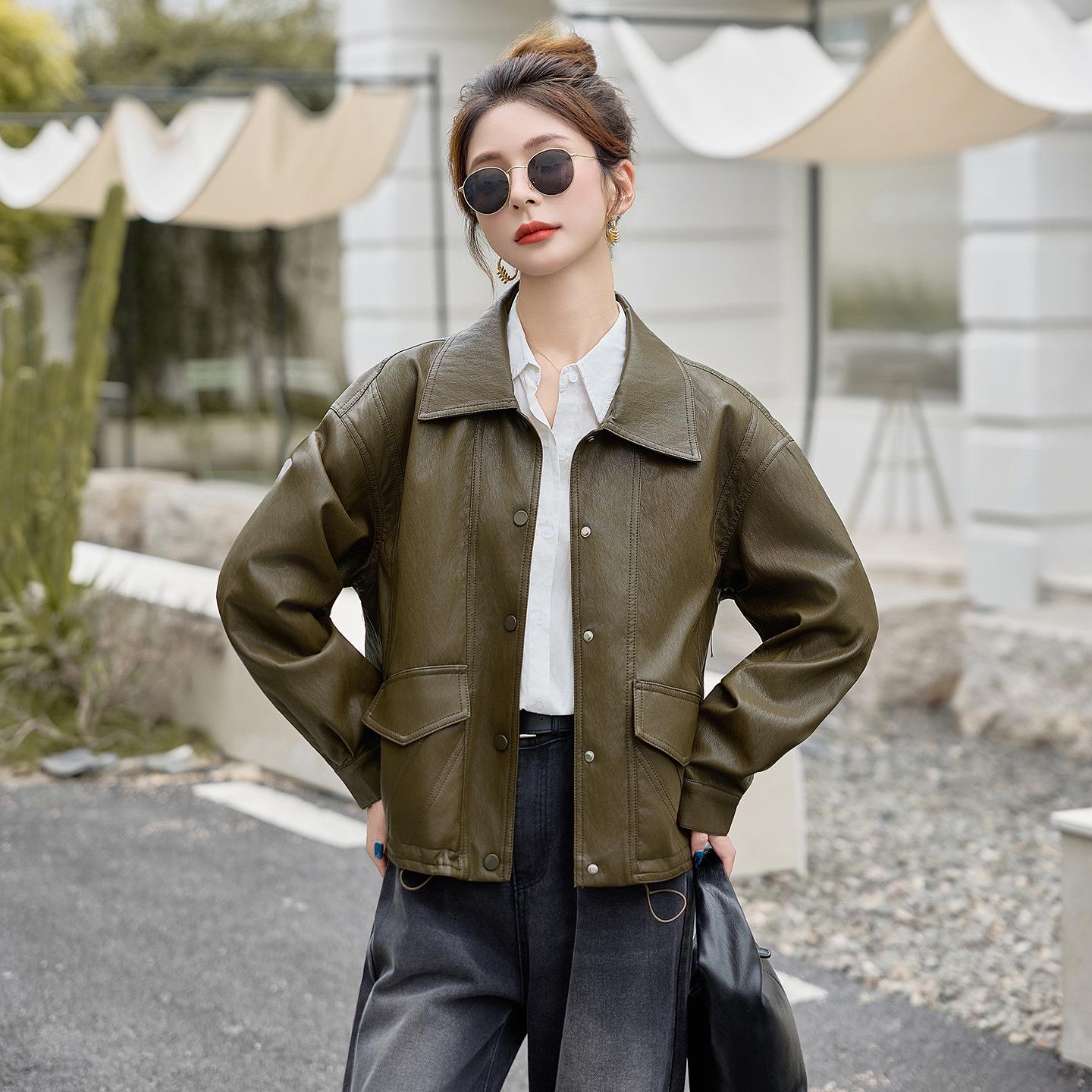 

Жіноча куртка з високоякісної овечої шкіри з відкладним коміром, осінь/зима 2025 – корейський стиль M зелений