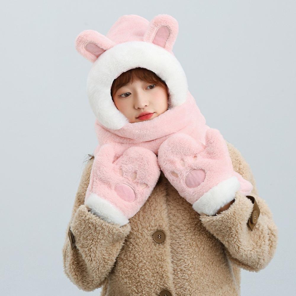 Windproof Integrated Cap Scarf Gloves Soft Plush Neck Warmer Winter Beanie Hat Scarf  for Women