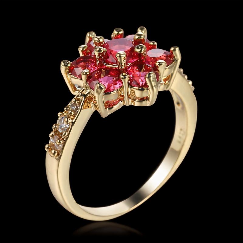Female Cute Flower Rose Red Crystal Zircon Rings For Women Vintage Gold Color Wedding Promise Bands Jewelry Valentine's Day Gift
