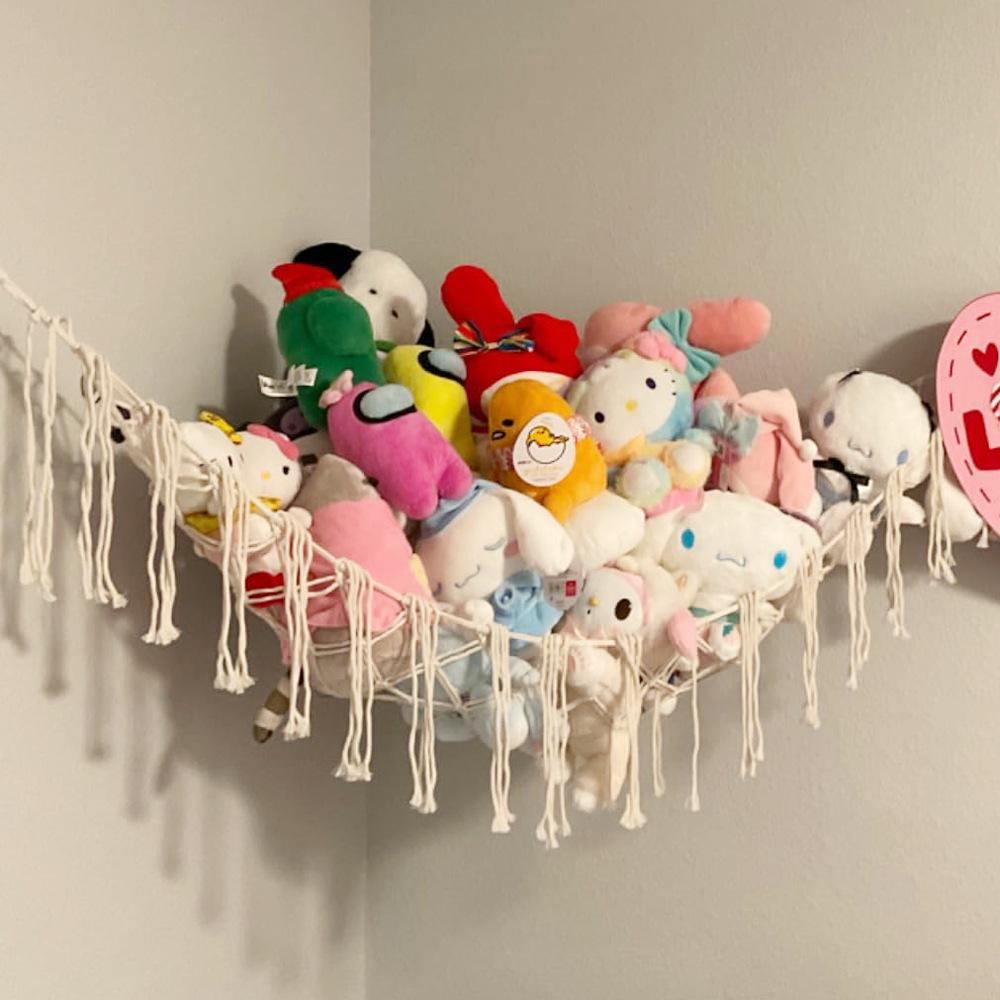 Corner Hanging Woven Cotton Rope Toy Storage Net with Tassels