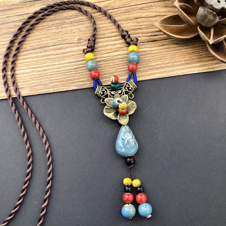 Retro Artistic Cotton-Linen Ceramic Necklace with Tassel Pendant for Women, Ethnic Forest Style, Versatile Long Sweater Chain Accessories.