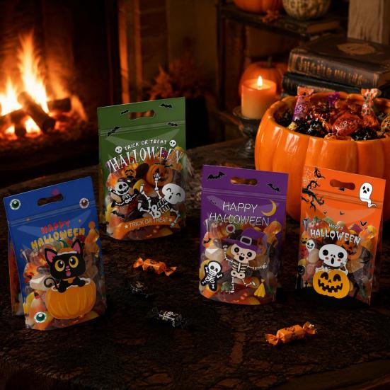 Durable Plastic Storage Containers 4PCS Halloween Candy Treat Bags with Handle, Translucent Stand-up Dessert Theme Holders Pouches, Cartoon