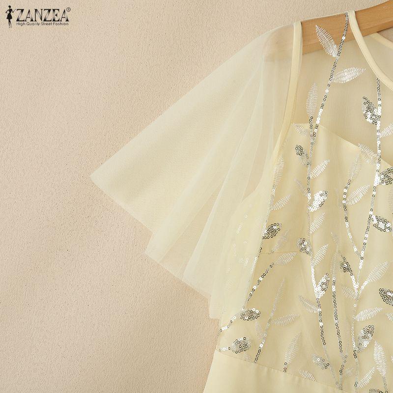 ZANZEA Women Casual Round Neck Mesh Splice Short Sleeve Loose Dress
