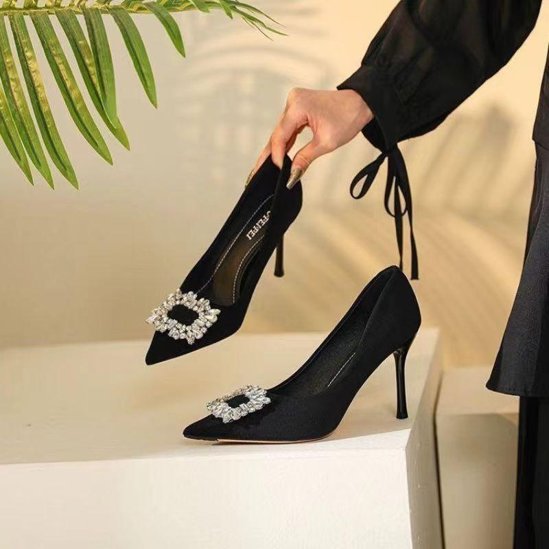 Not Tired Feet High Heels Women's Large Size Suede Black Professional Temperament Beautiful Thin Heels Light Mouth Single Shoes