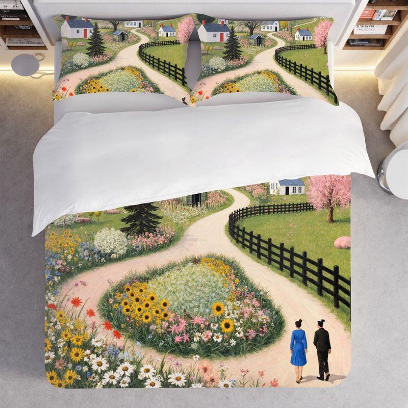 3-Piece Bedding Pillowcase Quilt Cover Set Country Scenic Flower House 2D Digital Printing Suitable For Bedroom Dormitory Decor