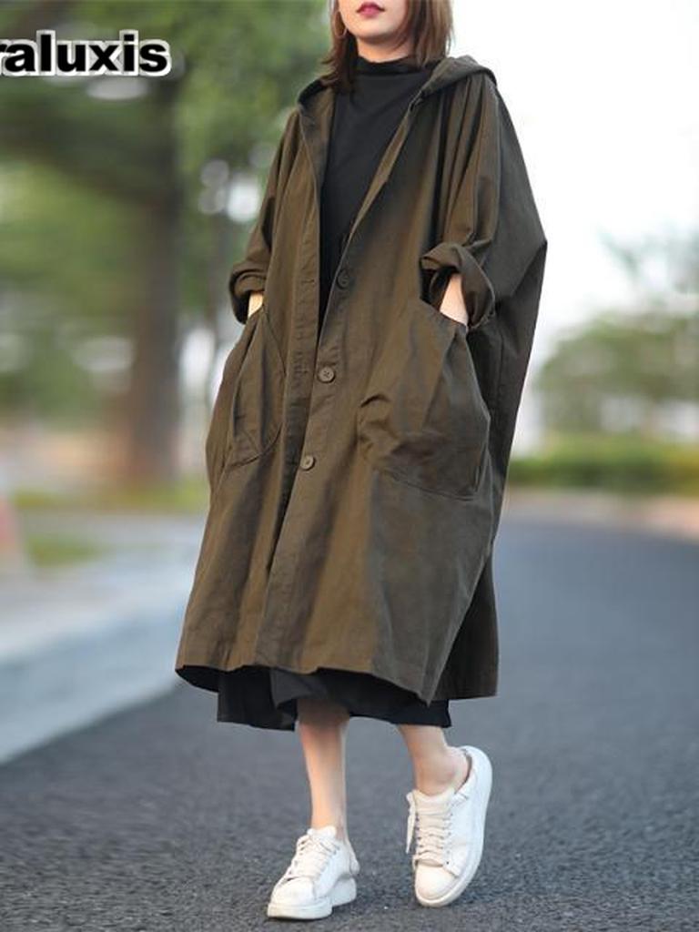 Oversized Plus Size Batwing Sleeve Maxi Coat with Large Pocket for Women, Cardigan Windbreaker Autumn Spring Casual Overcoat