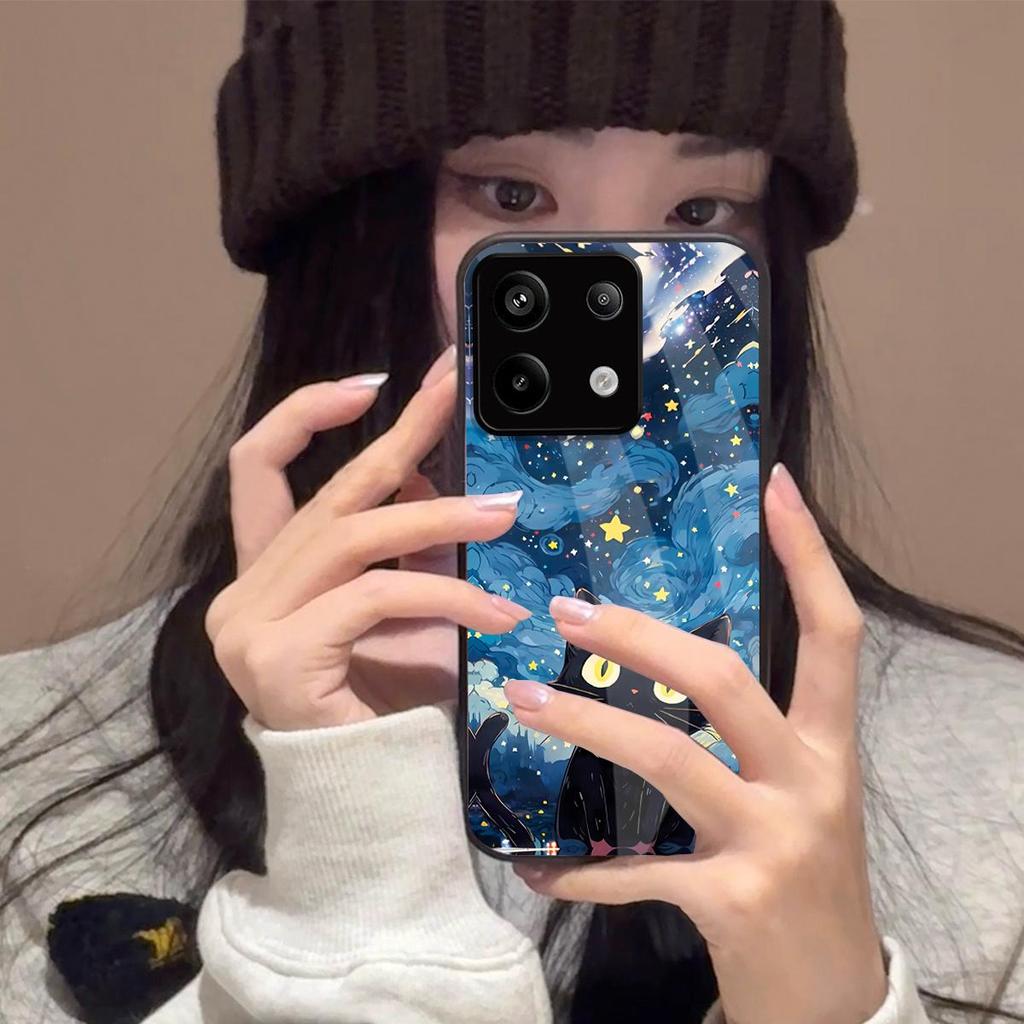 Case for Xiaomi Redmi Note 13 Pro 5G 4G POCO X6 M6 Anime Black Cat Starry Cloud Print Phone Cover Acrylic Hard Back Shell With Flexible TPU Edge