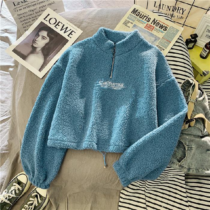 

Trendy Women s Half-zip Fleece Sweatshirt, Cropped Drawstring Hem Embroidered Top, Cozy Casual Sweatshirt for Daily Wear & Cool Weather S синій