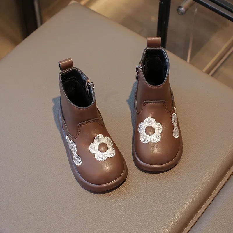 

Ботинки для девочек, зимние, с вышитыми цветами, хлопковые, принцесса, модные, пэчворк, однотонные, детские, повседневные, ботильоны, нескользящие 22 коричневый