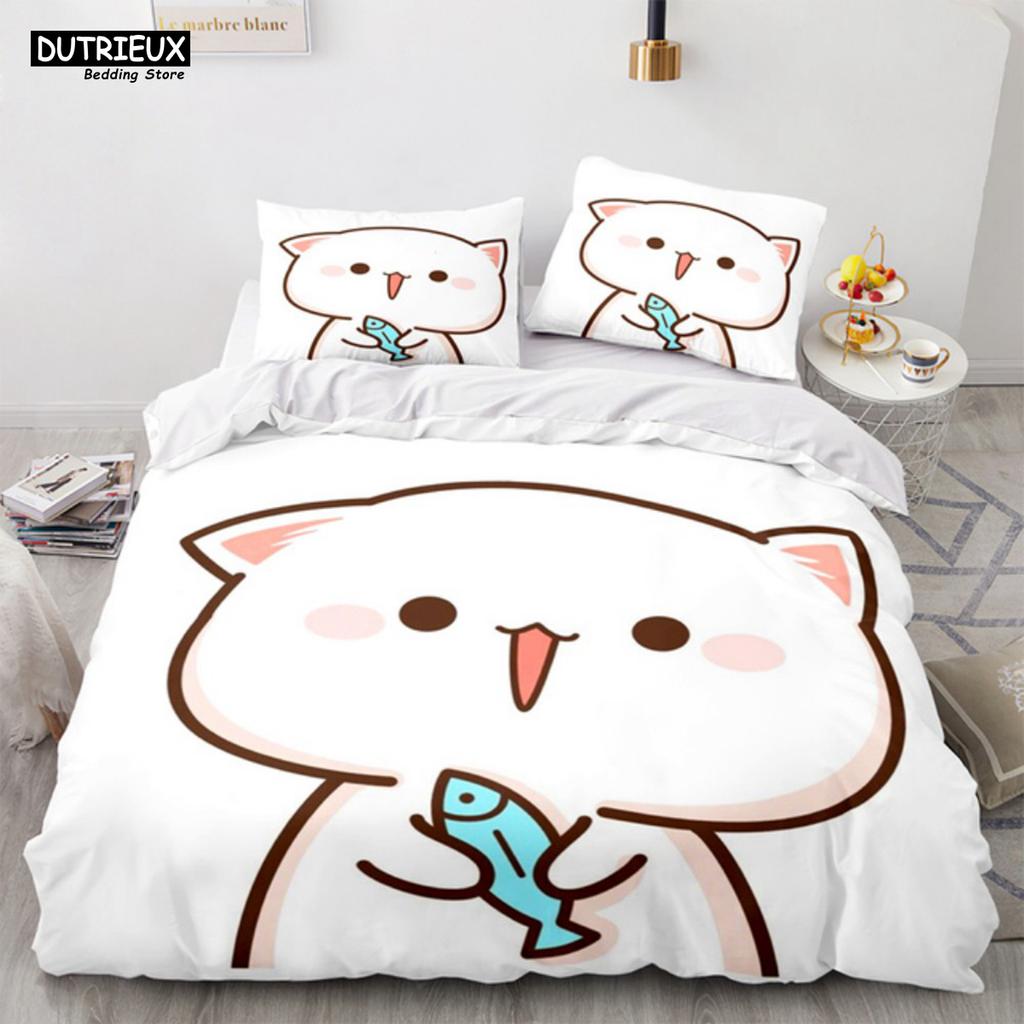 Lovely Peach Cat Bedding Set Cartoon Cute Bed Set Double Queen King Twin Full Size Duvet Cover Set Kids Girls Duvet Cover Gifts