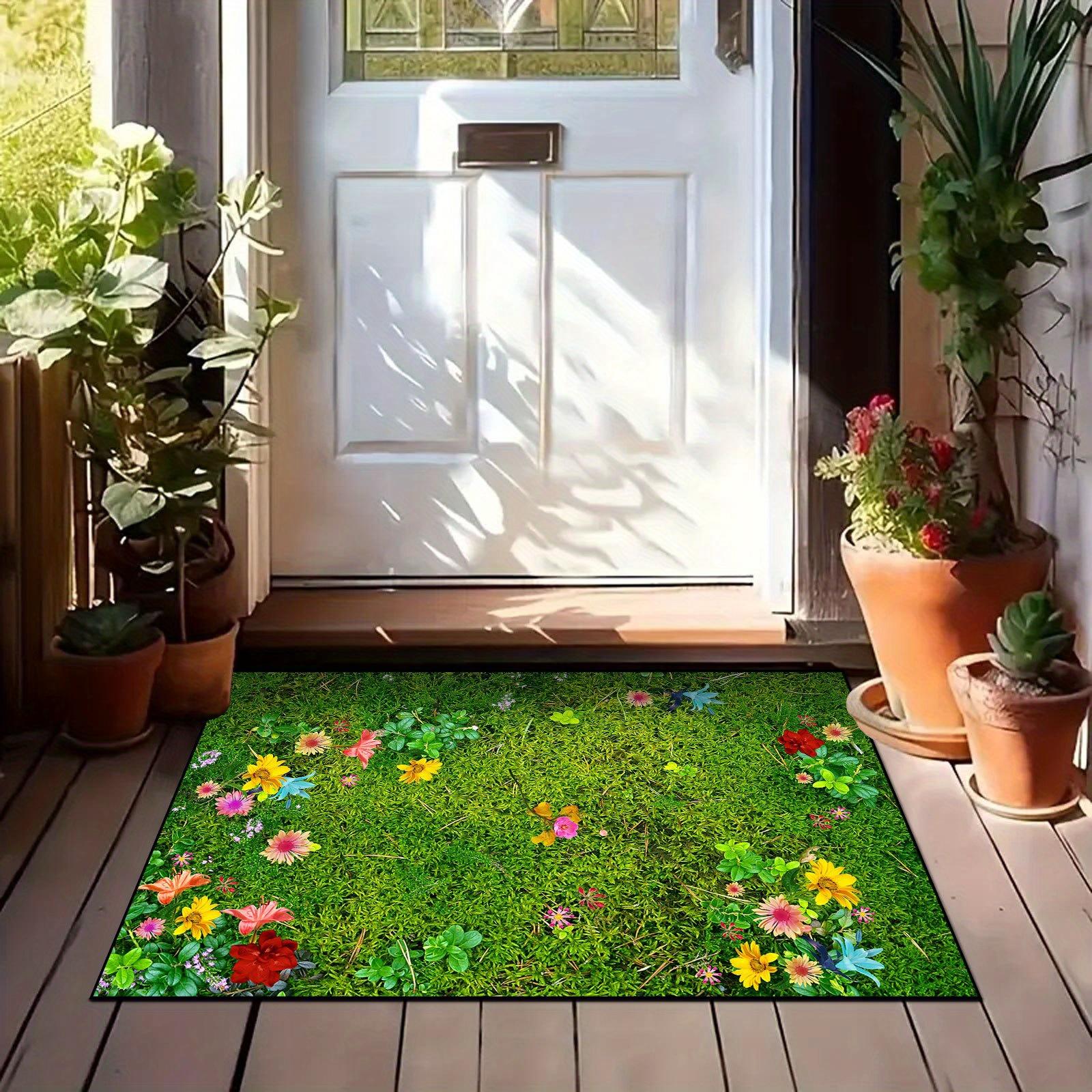 A Decorative Outdoor Doormat Made of Golden Diamond Velvet Material, Featuring a Green Floral Welcome Design, with a Non-Slip Backing, Suitable for 40*60cm(15.75*23.62in)