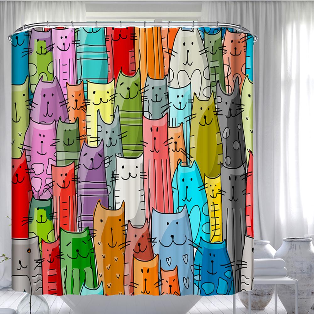 Cute Cat Animal Waterproof Polyester Shower Curtain With Hooks For Bathtub Bathroom Screens Home Decor Large Size Wall Cloth