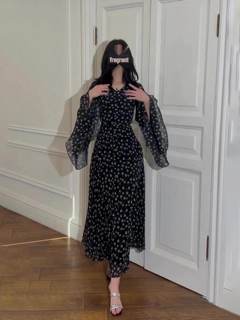 2024 Spring Chiffon Patchwork Dress with Irregular Hem and Ruffle Sleeves