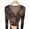 Coffee-colored Mesh Top New Autumn Long-sleeved V-neck T-shirt for Women Tie-dye Thin Base Shirt