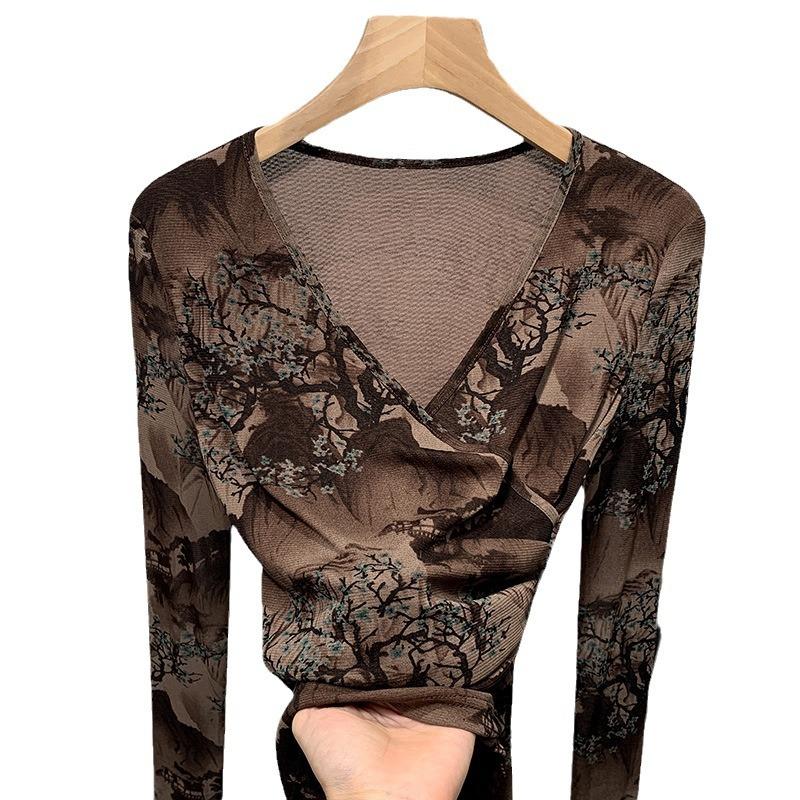 Coffee-colored Mesh Top New Autumn Long-sleeved V-neck T-shirt for Women Tie-dye Thin Base Shirt