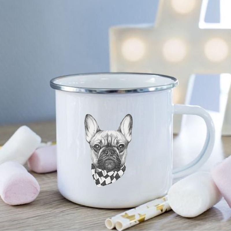 French Bulldog Print Enamel Mug Creative Coffee Cups Drinks Dessert Breakfast Milk Cup Vintage Mugs Handle Drinkware Best Gifts