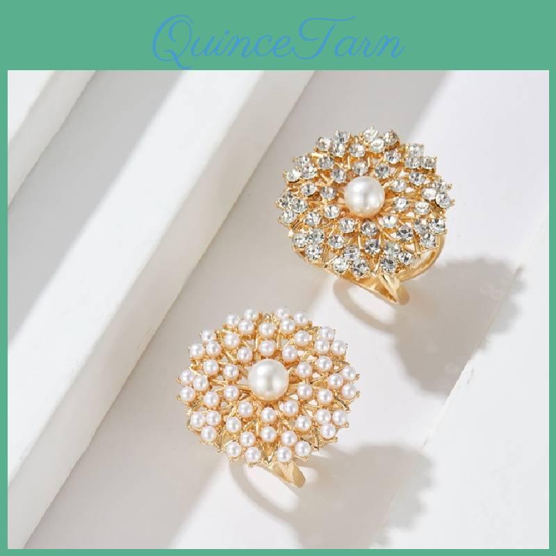 Elegant Pearl And Rhinestone Flower Scarf Ring Chic Alloy Jewelry For Women