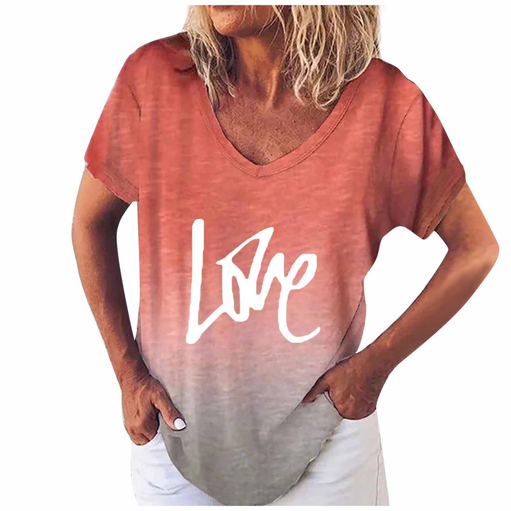 Women's casual short-sleeved V-neck gradient positioning printing T-shirt top