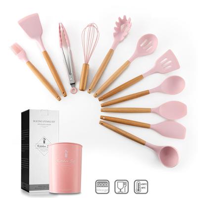 Pink Silicone Kitchenware Cooking Utensils Set Non-stick Cookware Spatula Shovel Egg Beaters Wooden Handle Kitchen Tools