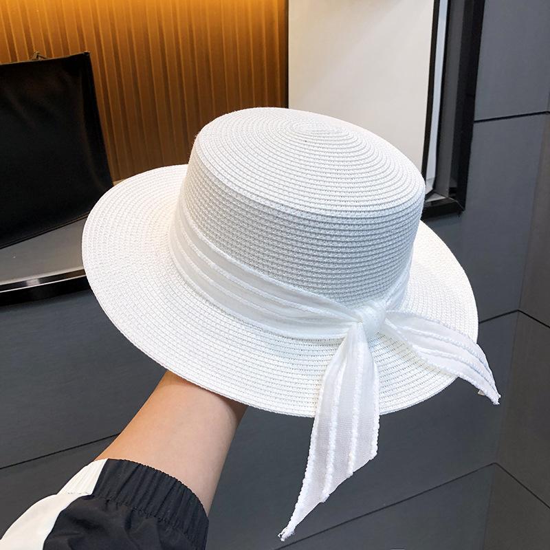 Women's Summer Straw Hat with Ribbon, Wide Brim Sun Protection Beach Cap, Elegant Flat Top Fisherman Hat for Outdoor Use