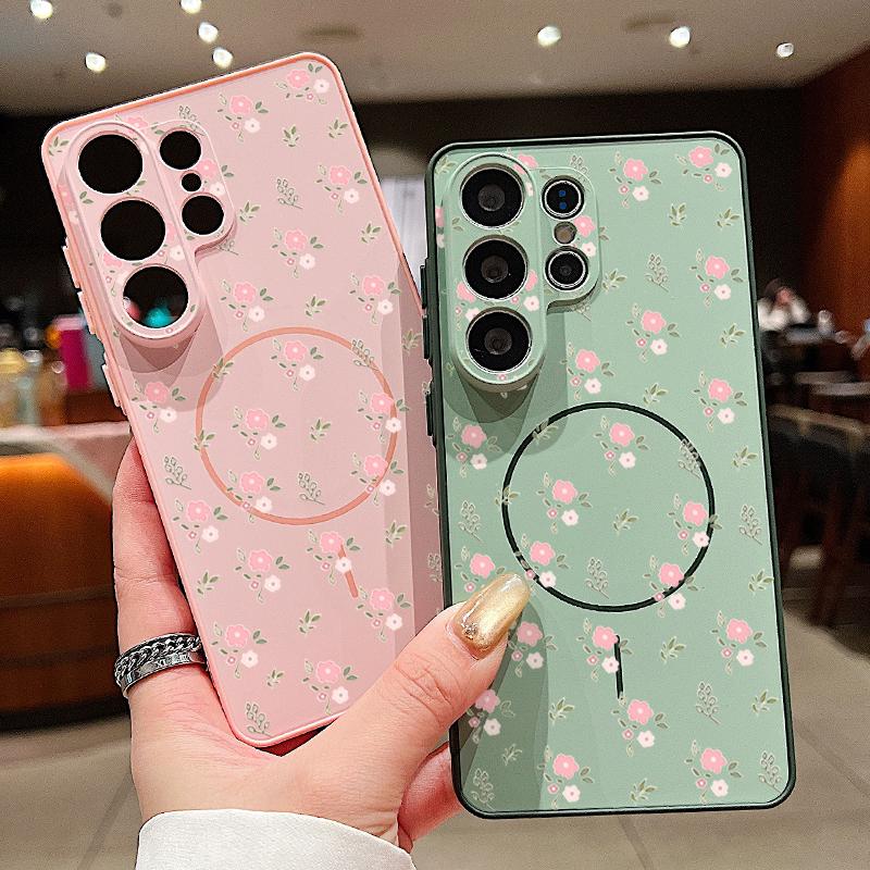 Custodia con Motivo di Fiori Rosa Per Samsung Galaxy S26 Ultra S25 Edge S24 Plus S23 FE S22 A54 A55 A56 5G Magnetica Per Magsafe Copertura Opaca