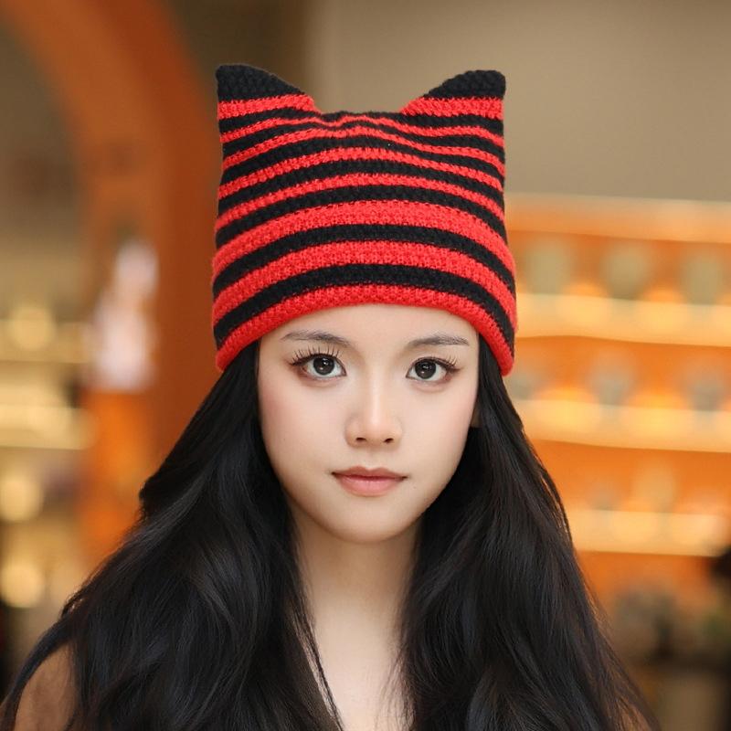 Korean Cute Cat Ear Knitted Hat Winter Keep Warm Retro Stripe Beanie For Women