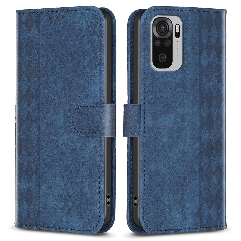

For Xiaomi Redmi Note 10 4G/10S 4G/Poco M5s 4G Stand Wallet Phone Case Grid Pattern Imprinting Cover Blue
