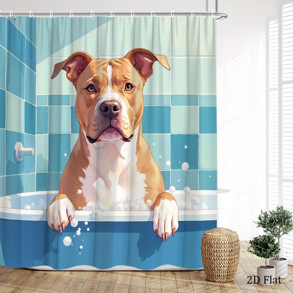 Pitbull Hund Duschvorhang 1 Stück – Cartoon Hund im Schaumbad, Verspielte Haustierkunst Badezimmervorhang für lustige Heimdekoration