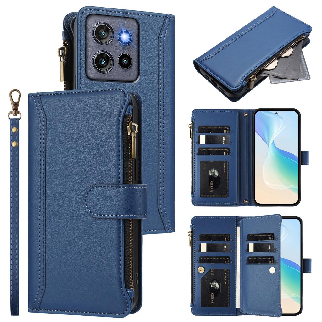 For Motorola Moto G Stylus 5G (2025) Leather Case 9 Card Slots Zipper Wallet Stand Phone Cover with Wrist Strap