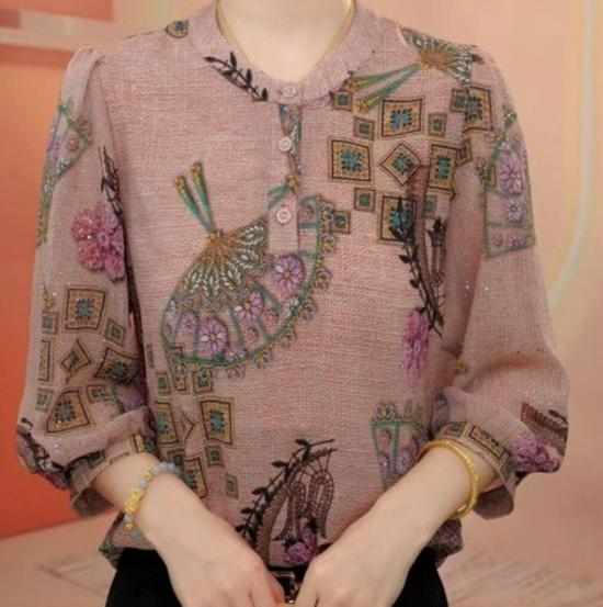 Women s Spring/Summer 2026 Sun Protection Printed Top with Three-Quarter Sleeves 4XL