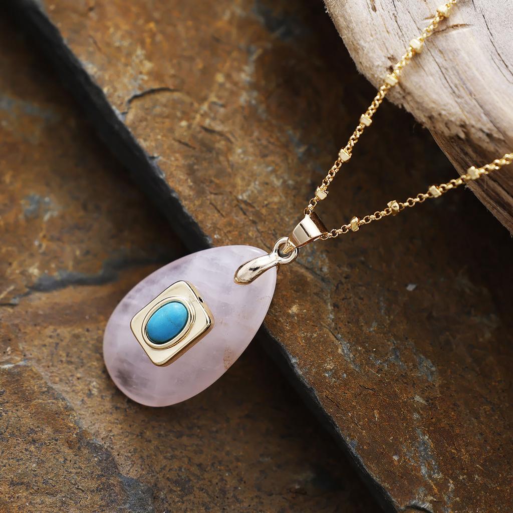 Exquisite natural stone water drop copper splicing turquoise pendant, fine handmade chain necklace, niche stacking and wearing Ins jewelry
