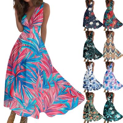 Women's Summer Fashion Retro Print V-Neck Sleeveless Long Dress