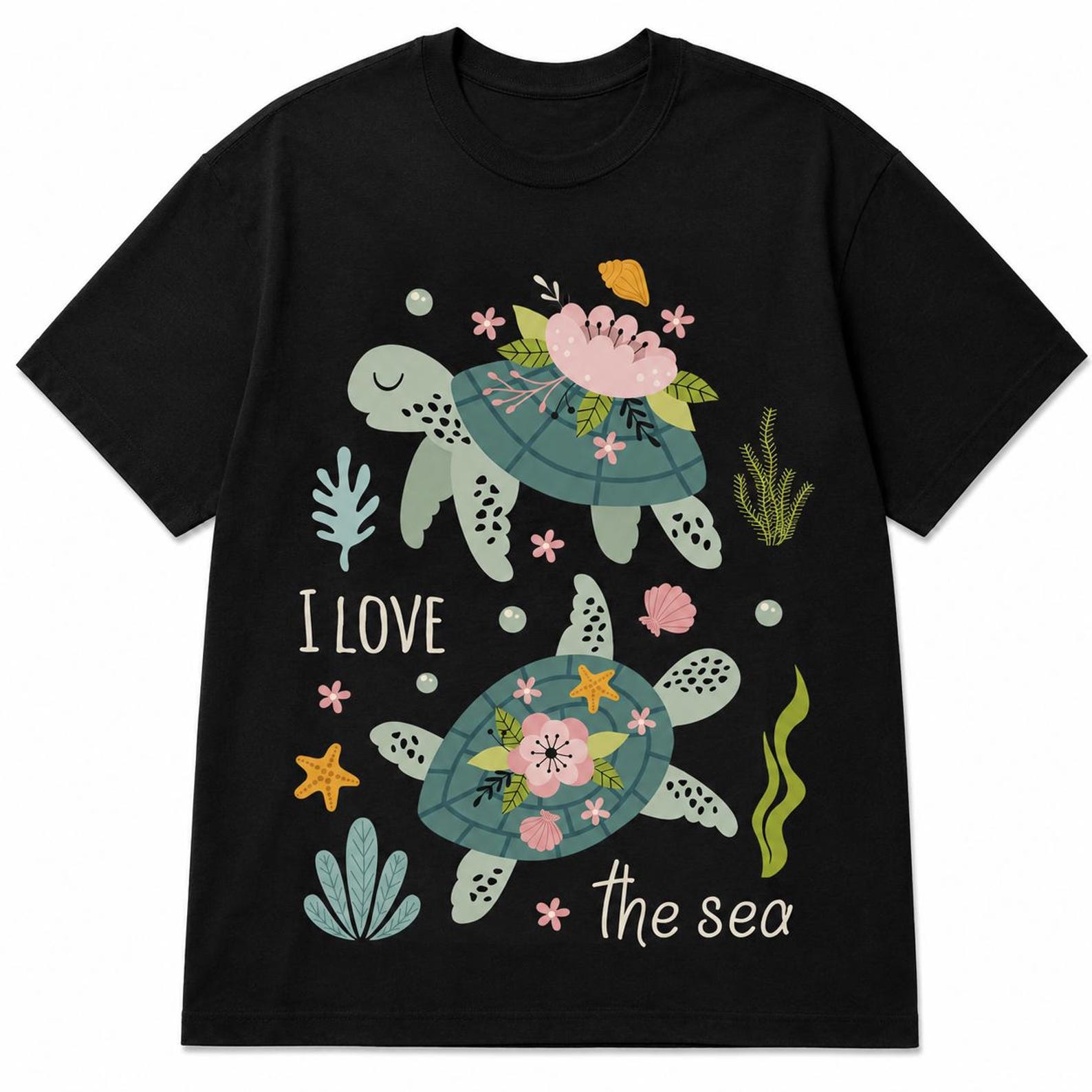 Floral Sea Turtle Graphic Tee – Pastel Ocean Lover Beach Shirt M