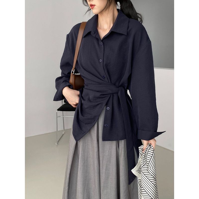 

Autumn New Waist Hugging Slimming Korean Series Design Side Strap Shirts Women Commuter Temperament Long sleeve Shirt Women Navy blue All yards
