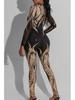 Kombinezon damski z cekinami, z długim rękawem, prześwitujący