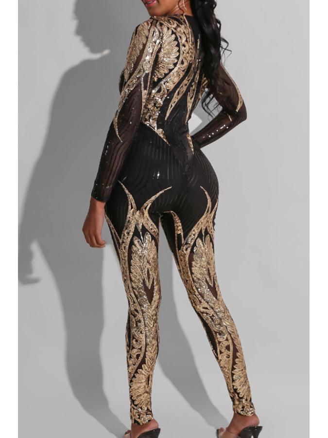 Paillettenbesetzter Langarm-Sheer-Damenjumpsuit