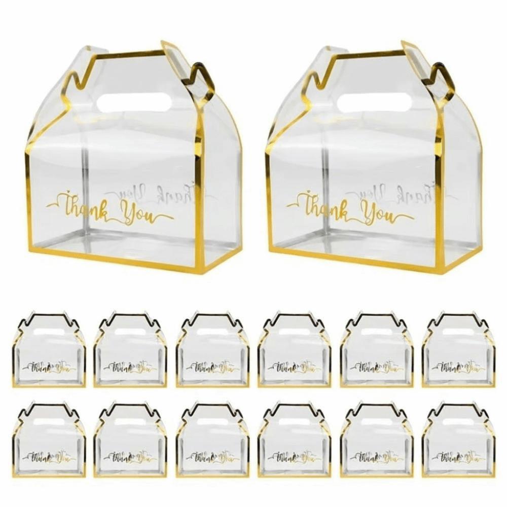 Ensemble de 12 pièces Boîte à bonbons transparente réutilisable Bordure dorée Design portable Boîte cadeau Sac en PVC Emballage de remerciement