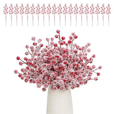 20Pcs Artificial Snow Red Berry Pick Branch Christmas Holly Berries Stem Faux Plants Branch