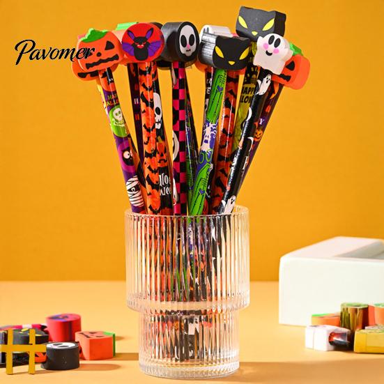 Kids Halloween Stationery 12 Pcs Pencils with 3D Skull Ghost Pumpkin Cat Erasers, Wood Bulk for Goodie Bags, School Classroom Rewards Supplies