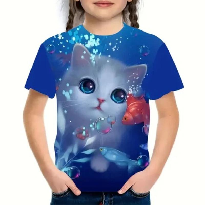 T-shirts Mignons Multicolores Tie Dye à Imprimé Chatons Dessin Animé pour Enfants Filles T-shirt Tendance Doux et Confortable