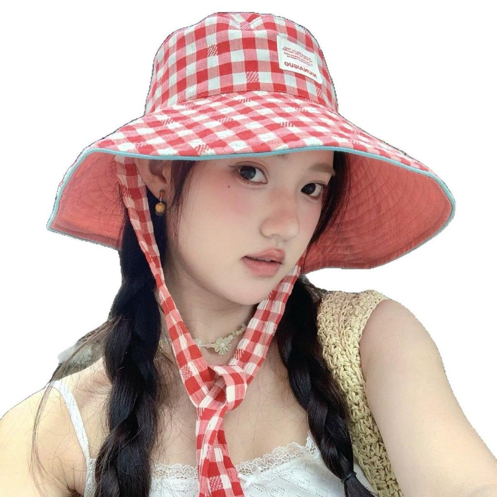 Plaid Bucket Hat Women'S Summer Wide Edge Lace-Up Big Brim Showing Face Small Sun Hat Sun Protection Hat Basin Hat