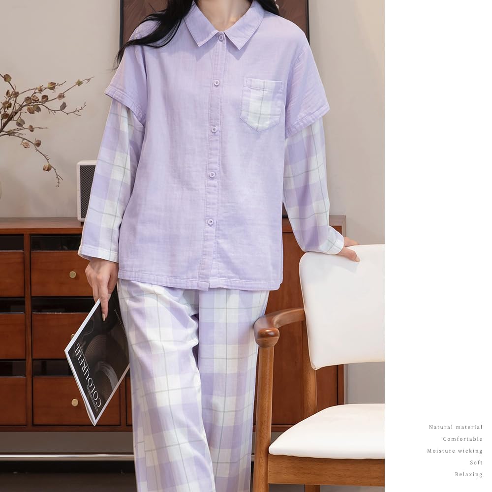 Yes Family Cotton Gauze Long Faux Layered Double Gauze Pajamas with Size Lavender Women's 100% Pajamas, Sleeves, Pants, Fall/Winter, M,