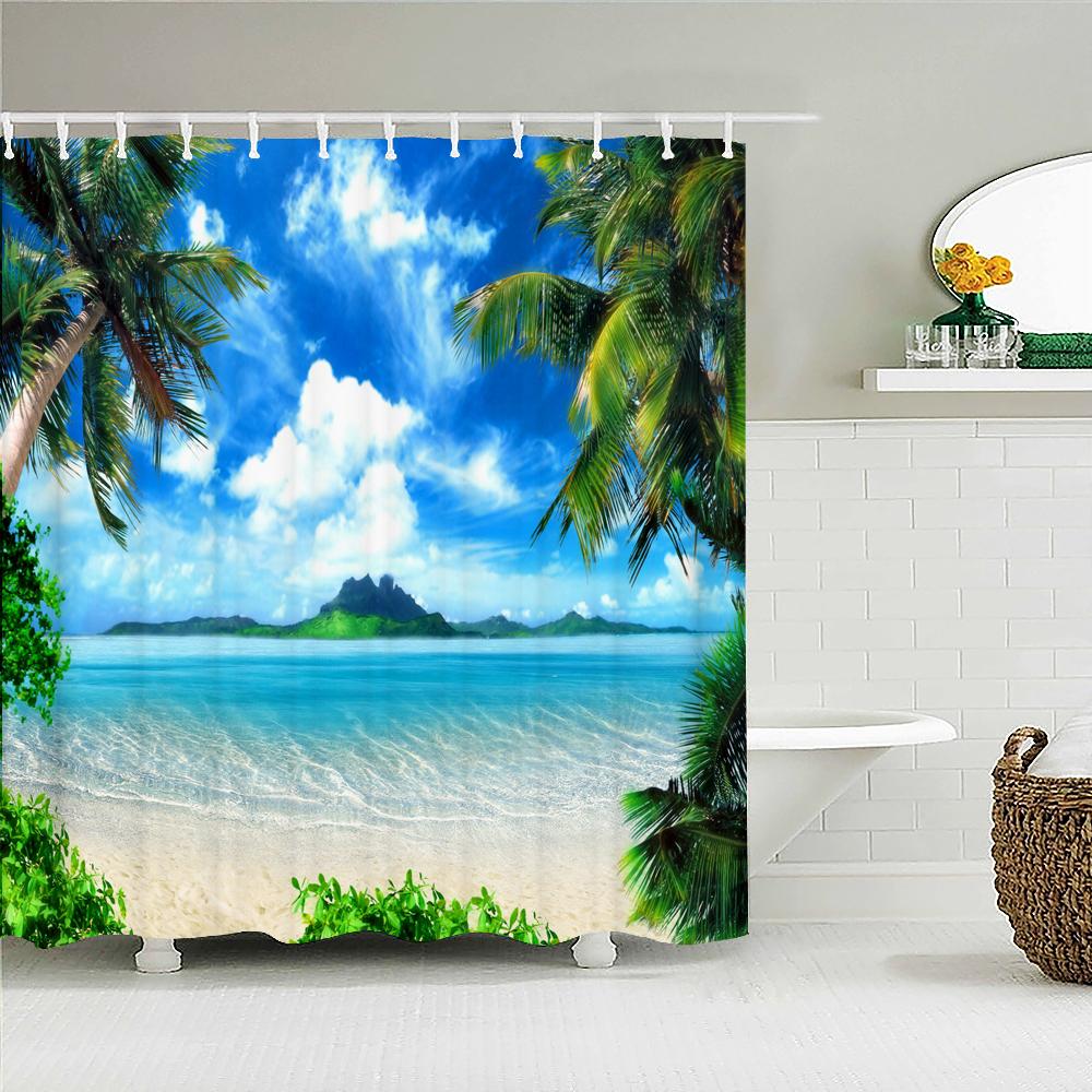 Beach Sea Palm Trees Shower Curtains Scenery Waterproof 3d Bathroom Curtains With Hooks Home Decoration Washable Bath Screen
