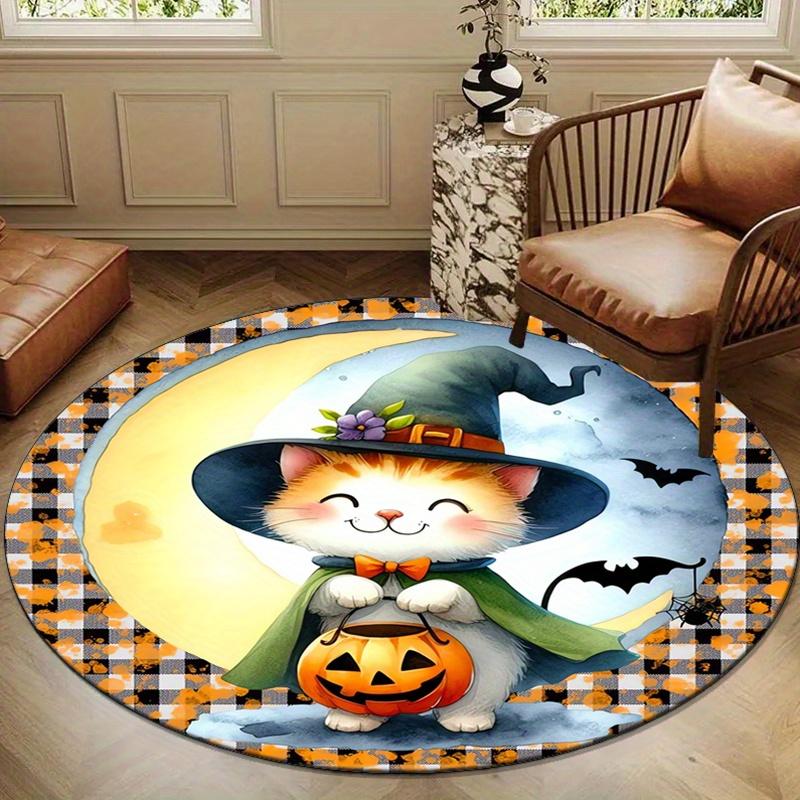 Halloween Kitten Printed Round Area Rug, Crystal Velvet, Non-Slip Mat, Polyester Chair Pad for Bedroom, Living Room, Home Decor